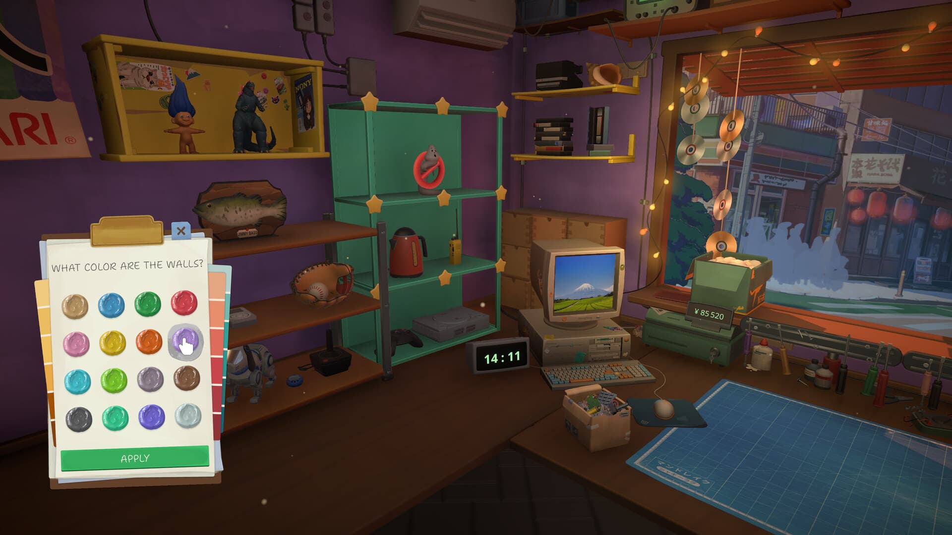 ReStory repair shop interior with shelves, electronics, a workbench, and a Tokyo street view
